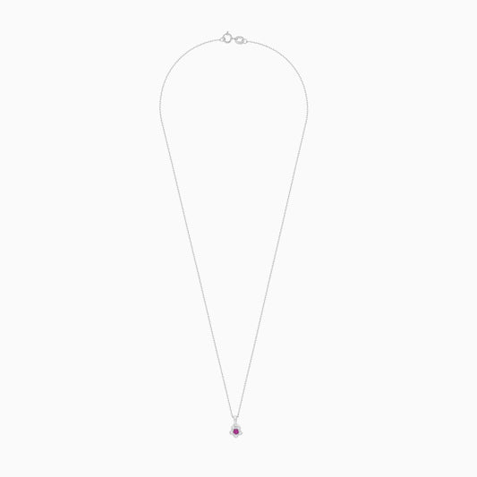 18K White Gold Necklace with a Flower-Shaped Pendant Decorated with a Ruby Stone and Surrounded by Natural Diamonds - Colori Collection