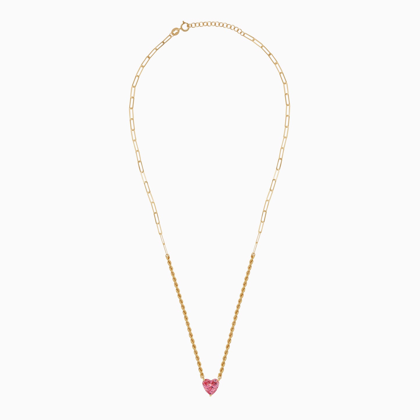 18K Yellow Gold Rope & Paperclip Chain with Pink Swarovski Zircon Heart Pendant | Valentine Collection