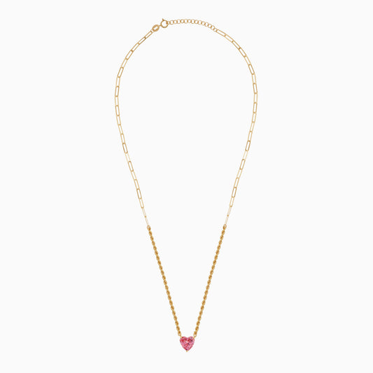 18K Yellow Gold Rope & Paperclip Chain with Pink Swarovski Zircon Heart Pendant | Valentine Collection