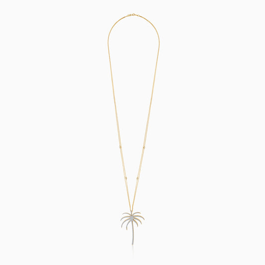 18k Yellow gold chain with palm tree-shaped pendant “60mm” decorated with natural diamond | al nakhla collection