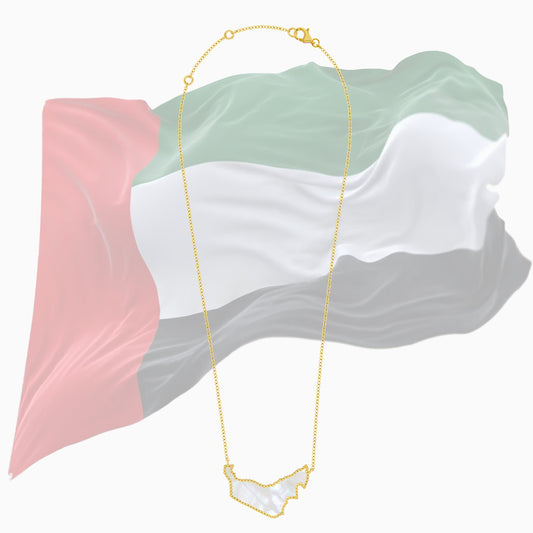 خريطة الإمارات العربية المتحدة من الذهب الأصفر عيار 18 قيراطًا مزينة بالصدف، مثالية للاحتفال باليوم الوطني