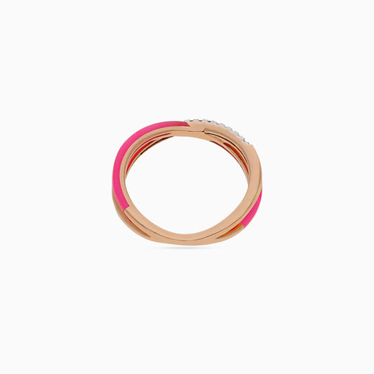 18k Rose Gold Ring with Diamonds and Pink Ceramic