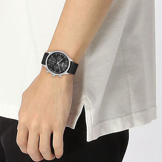 Boss Watch Quartz Movement In A Round Case With Black Leather Strap And Black Dial