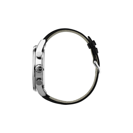 Boss Watch Quartz movement in a Round case with Black Leather Strap and Black Dial