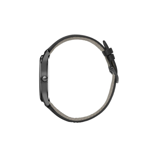 Boss Watch Quartz movement in a Round case with Black Leather Strap and Blue Dial