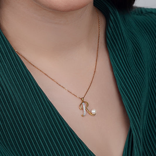 18k Yellow Gold 'R' Letter Necklace With Natural Diamond and Pearl