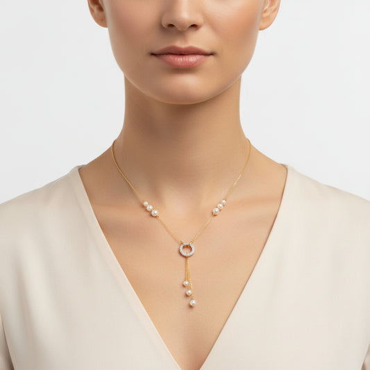 Elegant Pearls and Zircon Dangle Necklace in 18k Yellow Gold | Danah Collection