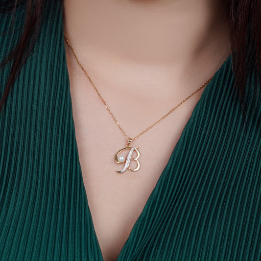 18k Yellow Gold 'B' Letter Necklace With Natural Diamond and Pearl