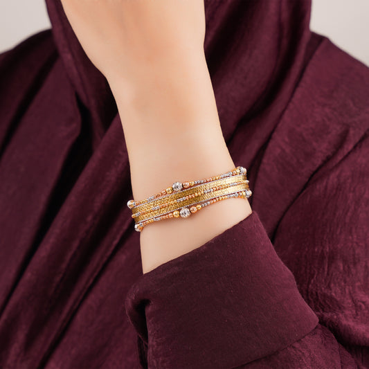 18K Tri-Color Gold Multi Strand Bangle with Textured Bead Accents