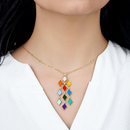 18k yellow gold necklace decorated with gorgeous enamel colors and natural diamonds