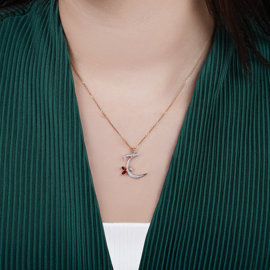 18k Yellow Gold 'Gem' Arabic Letter Necklace With Natural Diamond & Garnet stone