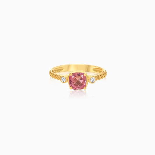 Front view of Filo 18k yellow gold ring with natural diamonds and pink tourmaline gemstone by Jawhara Jewellery
