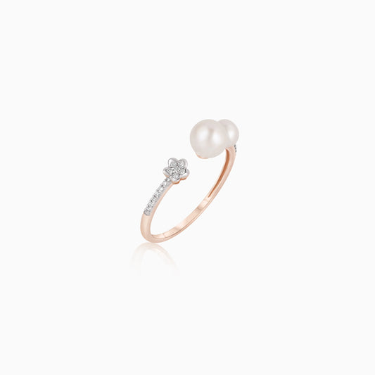 18k rose gold open ring decorated with natural diamond and pearls | Danah Collection