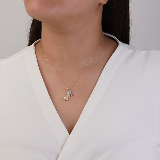 18k Yellow Gold 'M' Letter Necklace With Natural Diamond & Pearl