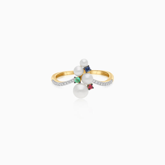18k yellow gold ring, half eternity, natural diamonds decorated with pearls and Natural Emerald,Blue Sapphire, Ruby | Danah Collection
