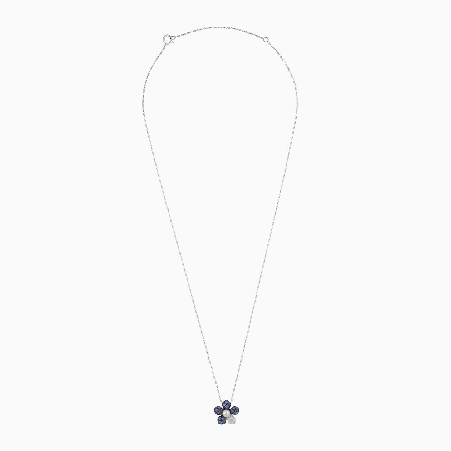 18k white gold chain with a flower shape pendant decorated with natural diamond, sapphire stones and single pearl in the center