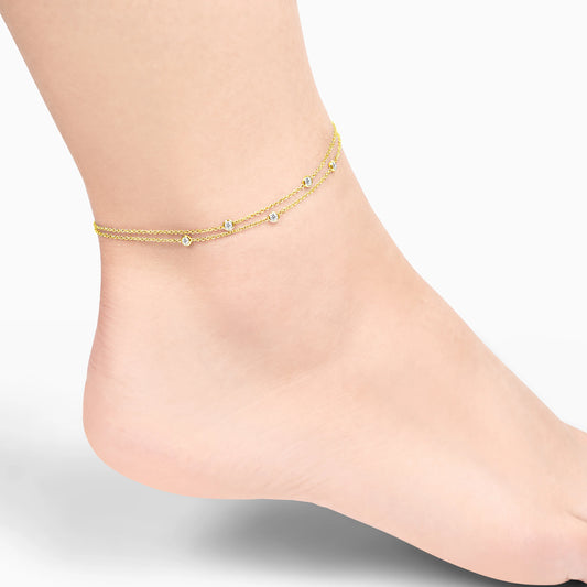 chic 2 layers 18k yellow gold diamond anklet | Trendy collection