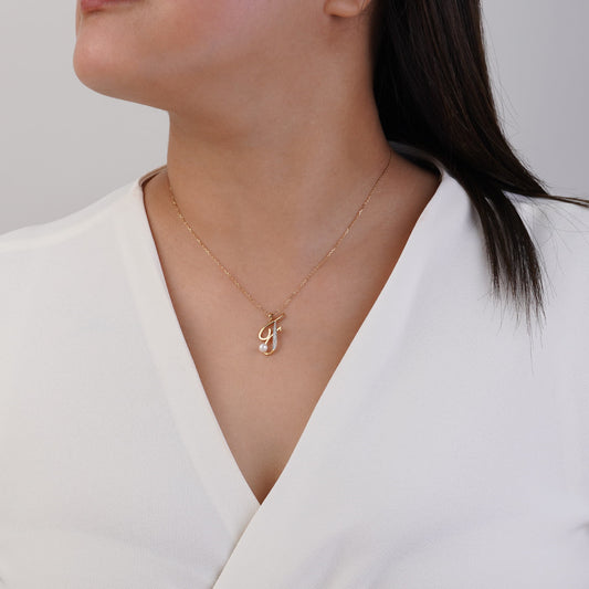 18k Yellow Gold 'F' Letter Necklace With Natural Diamond & Pearl
