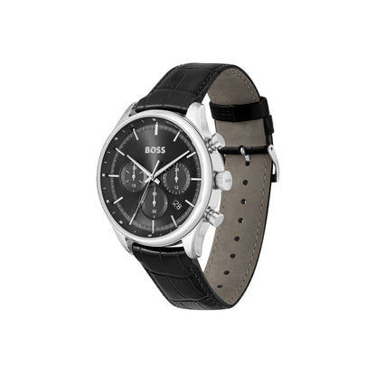 Boss Watch Quartz Movement In A Round Case With Black Leather Strap And Black Dial