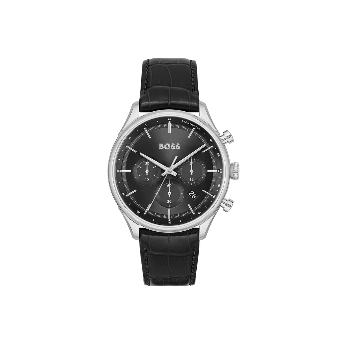 Boss Watch Quartz Movement In A Round Case With Black Leather Strap And Black Dial