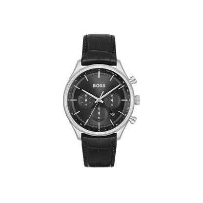 Boss Watch Quartz Movement In A Round Case With Black Leather Strap And Black Dial