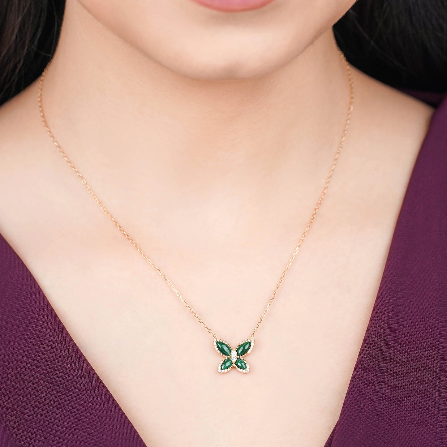 18K Yellow Gold Butterfly Necklace with Malachite and Natural Diamonds – Mosaic Collection