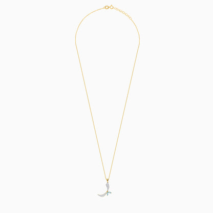 18k Yellow Gold 'Raa' Arabic Letter Necklace With Natural diamond and blue Topaz stones