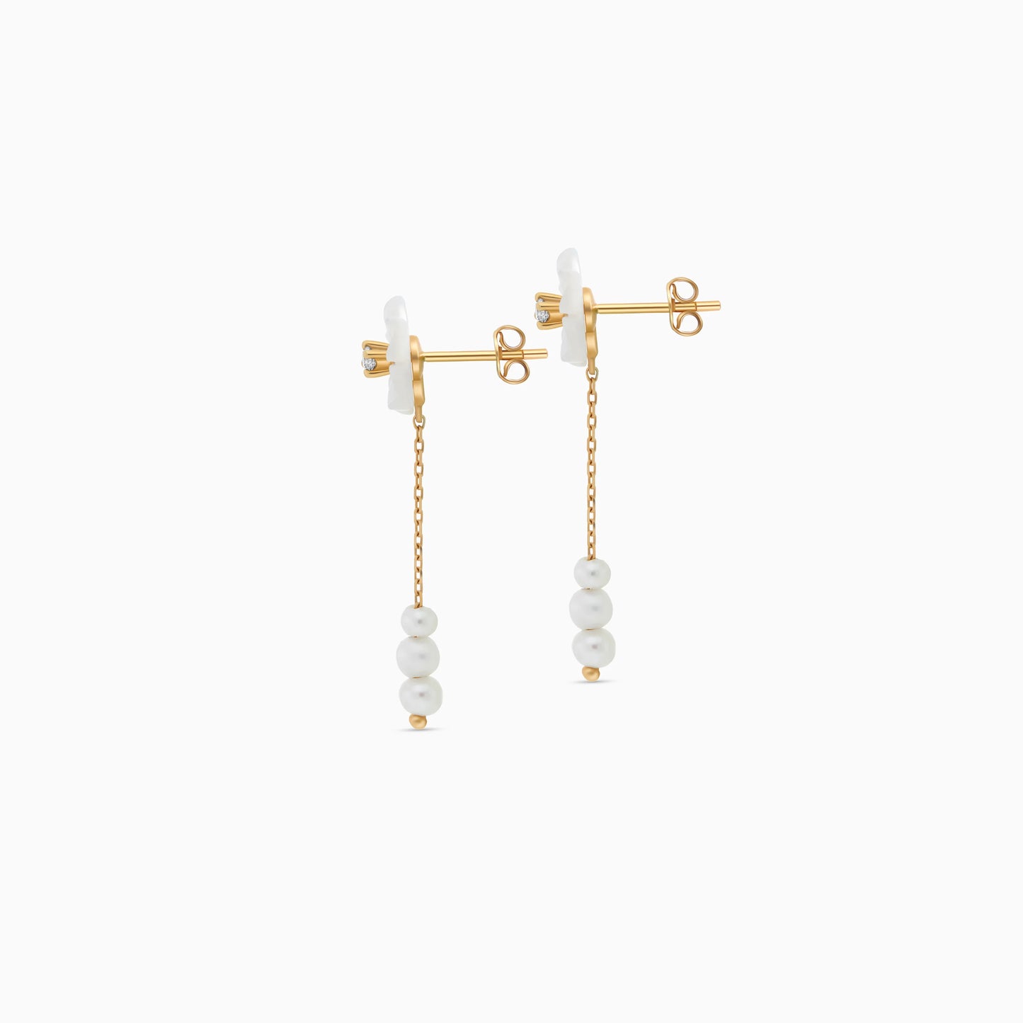 18K Gold Drop Earrings with Mother of Pearl Flower Designs For Women
