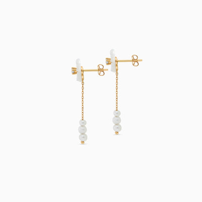 18K Gold Drop Earrings with Mother of Pearl Flower Designs For Women