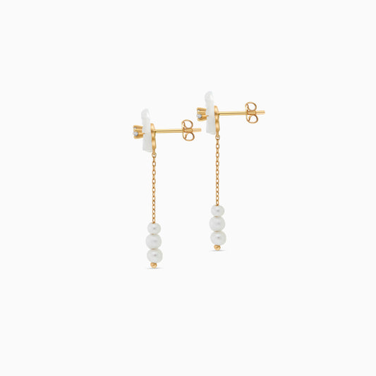 18K Gold Drop Earrings with Mother of Pearl Flower Designs For Women