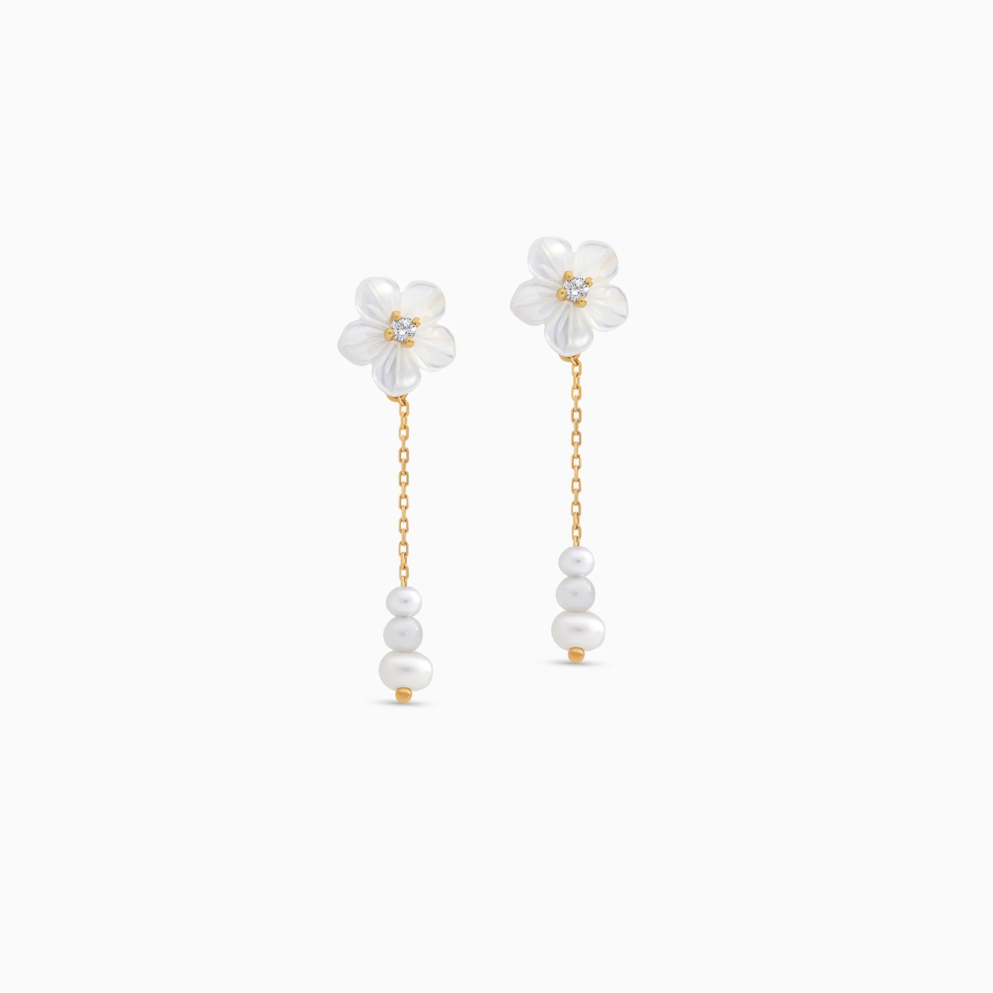 18K Gold Drop Earrings with Mother of Pearl Flower Designs For Women