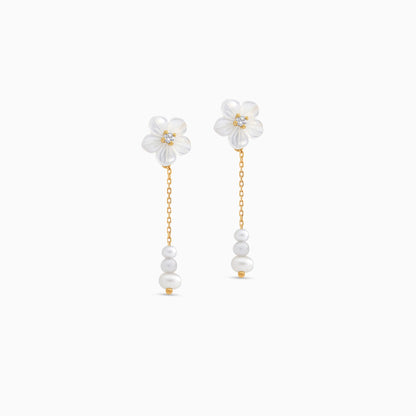 18K Gold Drop Earrings with Mother of Pearl Flower Designs For Women