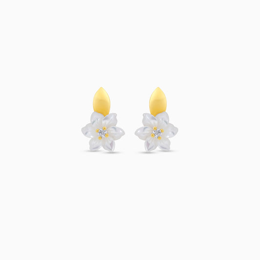 18K Gold Earrings with White Mother of Pearl Flower & Zircon Design