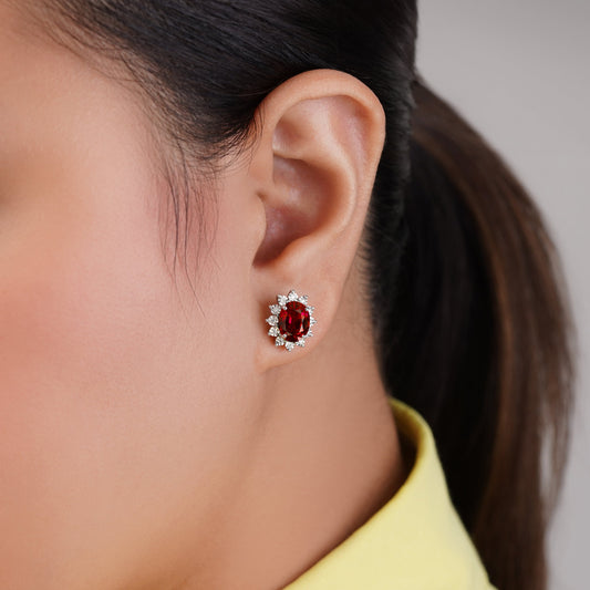 18k White gold Red Garnet Earrings Decorated With Natural Diamond Stones | Diana Collection