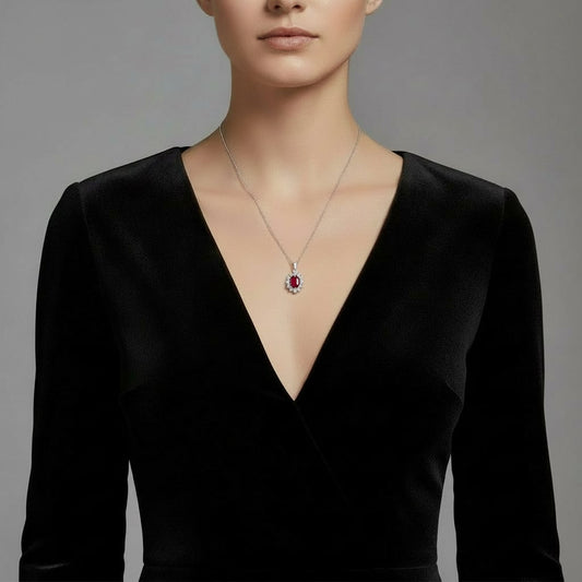 18K White Gold chain Decorated with Red Natural Garnet Surrounded by Natural Diamond Stones Pendant | Diana Collection