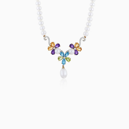 18K Yellow Gold Pearl Necklace with Flower-Shaped Pendant Featuring Diamonds & Gemstones – Danah Collection