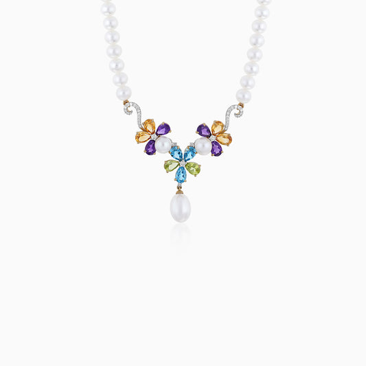 18K Yellow Gold Pearl Necklace with Flower-Shaped Pendant Featuring Diamonds & Gemstones – Danah Collection