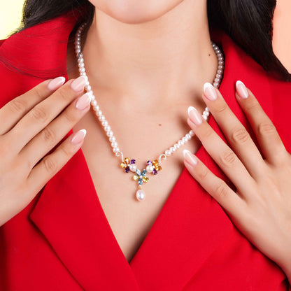 18K Yellow Gold Pearl Necklace with Flower-Shaped Pendant Featuring Diamonds & Gemstones – Danah Collection