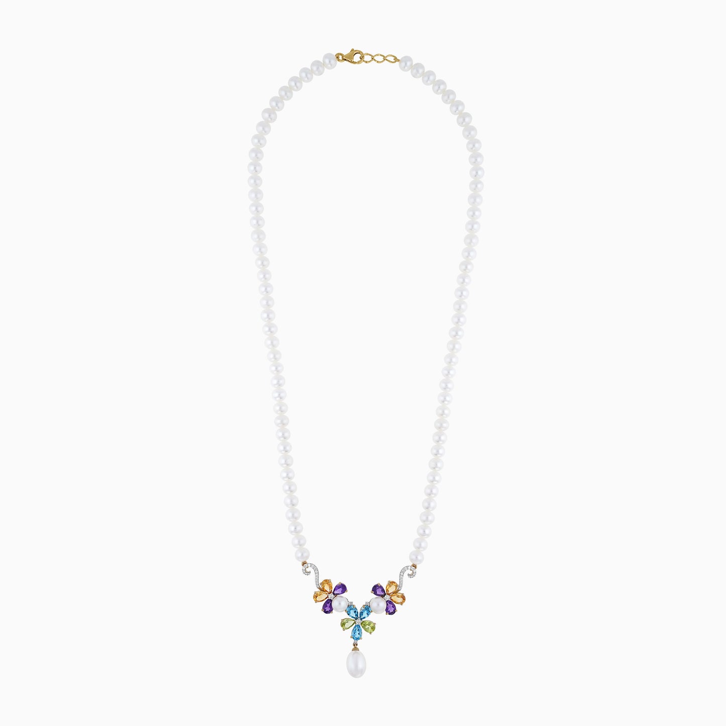 18K Yellow Gold Pearl Necklace with Flower-Shaped Pendant Featuring Diamonds & Gemstones – Danah Collection
