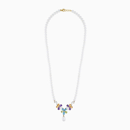 18K Yellow Gold Pearl Necklace with Flower-Shaped Pendant Featuring Diamonds & Gemstones – Danah Collection
