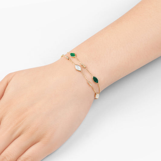 18K Yellow Gold Double-Layer Oval Bracelet with Mother of Pearl and Malachite – Eclat Collection