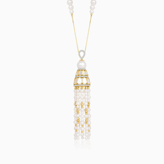 18K Yellow Gold Long Necklace with Natural Diamonds and Pearls – Danah Diamond Collection