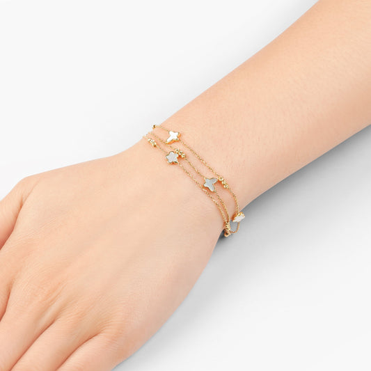 18k yellow gold bracelet three-layer decorated with mother of pearl in butterfly and flower shapes
