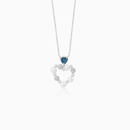 18k white gold chain with heart-shaped pendant decorated with pearls, natural diamond and natural Swiss blue Topaz stones | danah collection