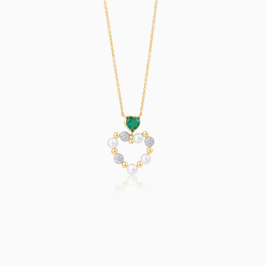18k yellow gold Chain with heart-shaped Pendant decorated with pearls, natural diamond and natural emerald stones | danah collection