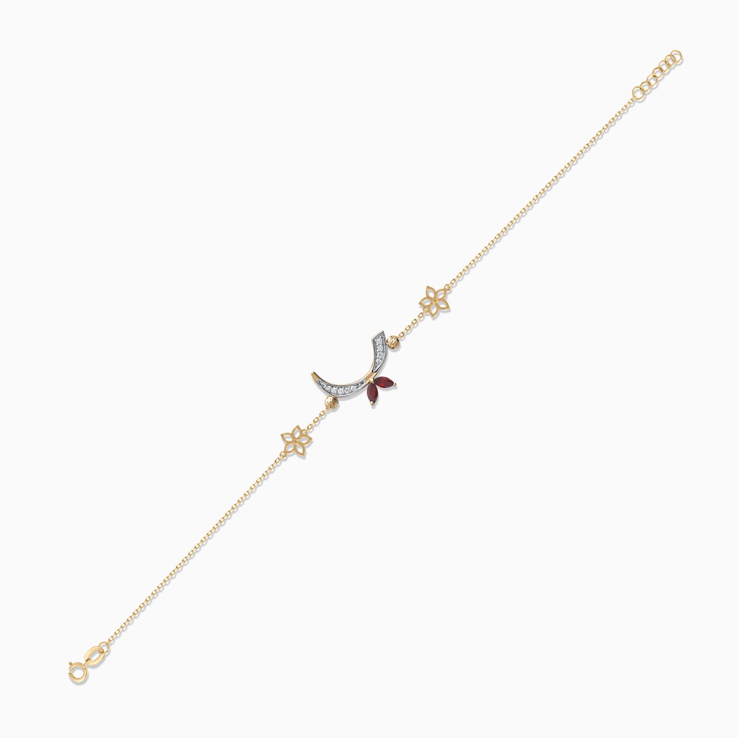 18K Yellow Gold Arabic Letter 'Raa' Bracelet with Diamonds & Red Garnet | Horoufi Diamond Collection