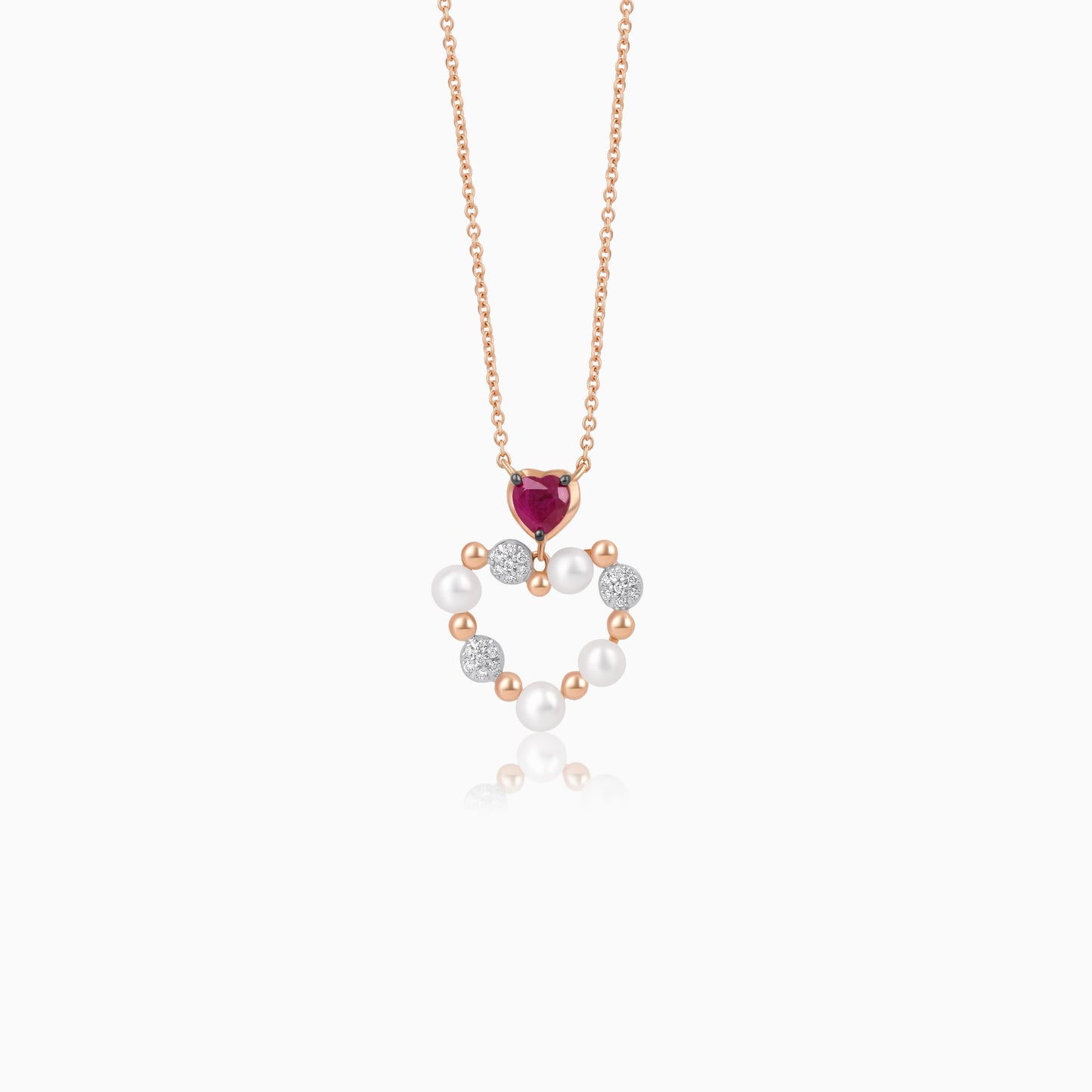 18k rose gold chain with heart-shaped pendant decorated with pearls & natural diamond and ruby | Danah