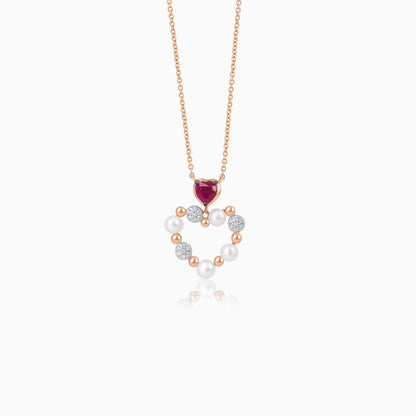 18k rose gold chain with heart-shaped pendant decorated with pearls & natural diamond and ruby | Danah