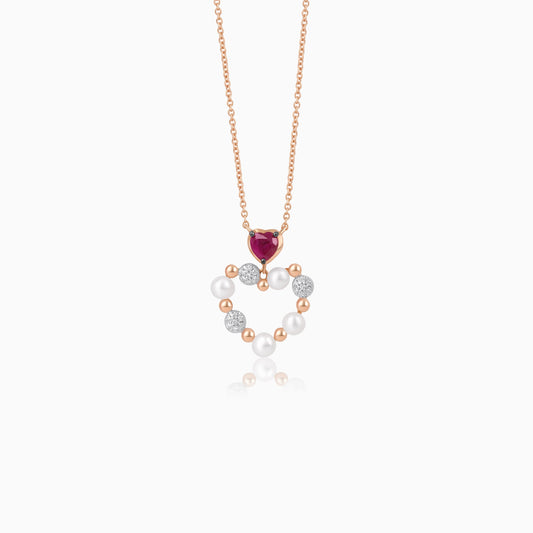 18k rose gold chain with heart-shaped pendant decorated with pearls & natural diamond and ruby | Danah