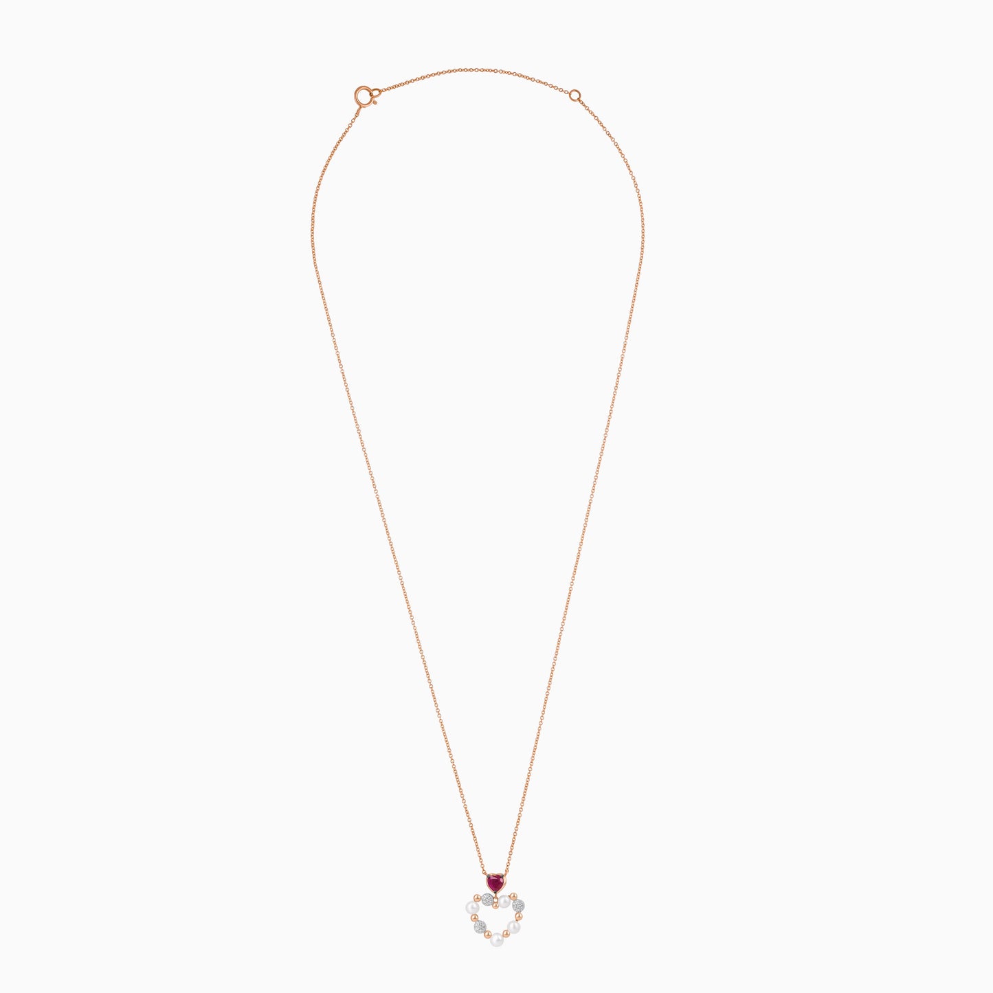 18k rose gold chain with heart-shaped pendant decorated with pearls & natural diamond and ruby | Danah